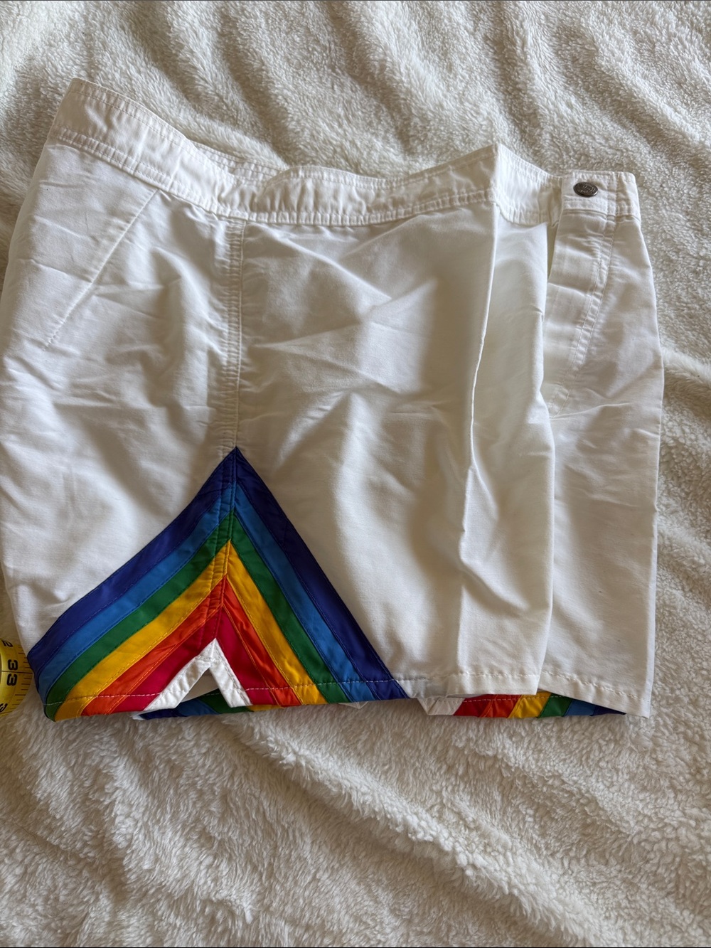 Retro White Men’s swim Shorts with Rainbow Chevron Accent